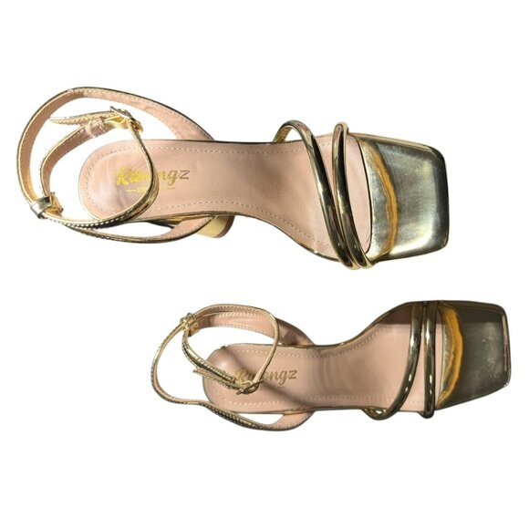 RIBONGZ Gold Block Heel Sandals With Strappy Design NWB ‎ Size 6.5 - Picture 4 of 9